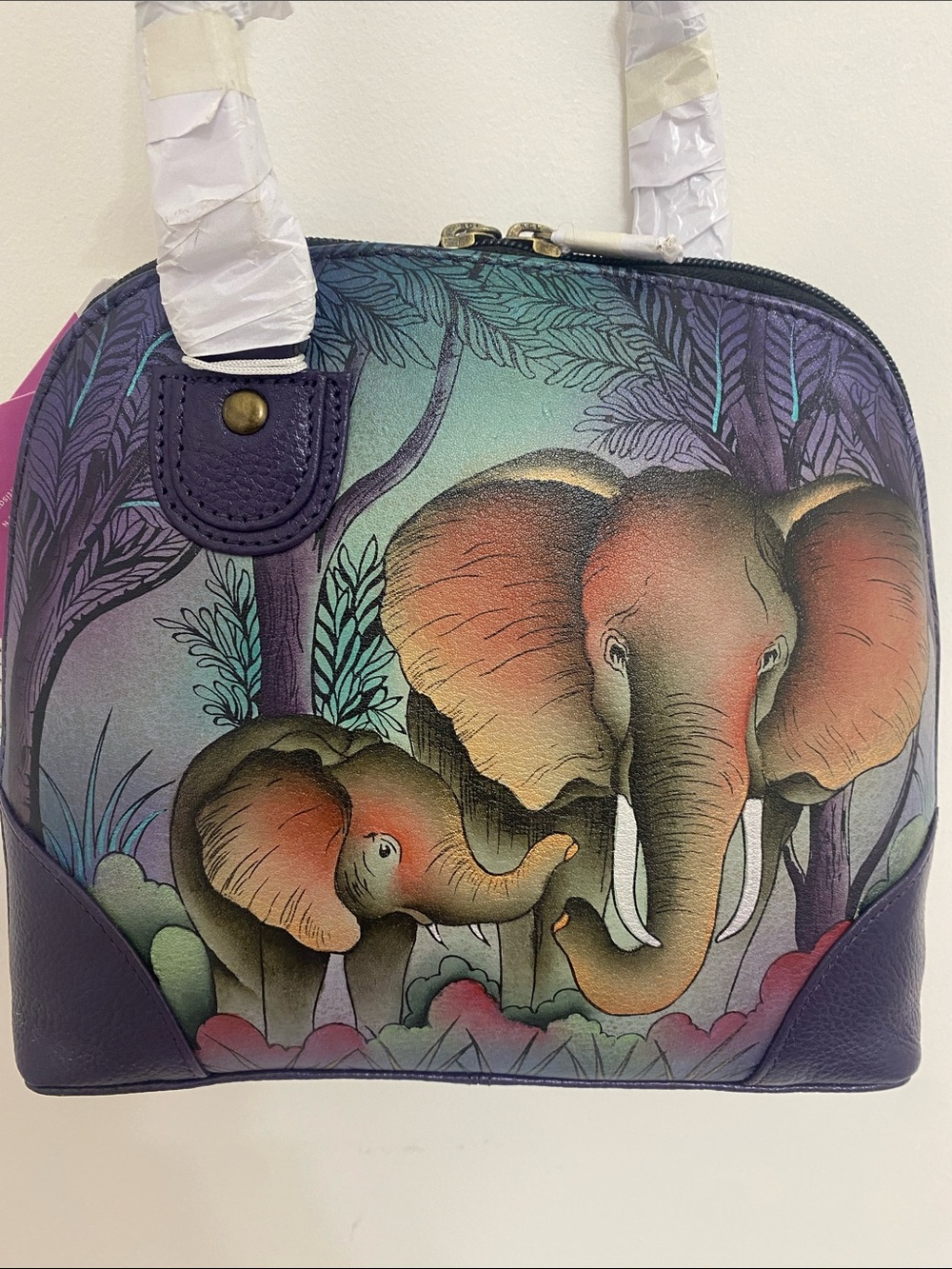 Anna by Anuschka Hand-Painted Elephant Family Leather Organizer/Shoulder Bag